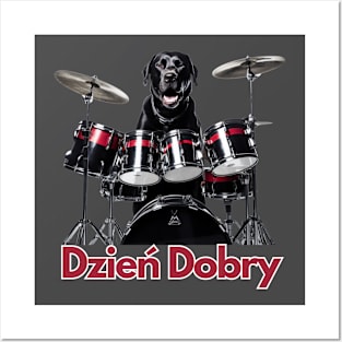 A Polish Black Dog Playing on Drums Posters and Art